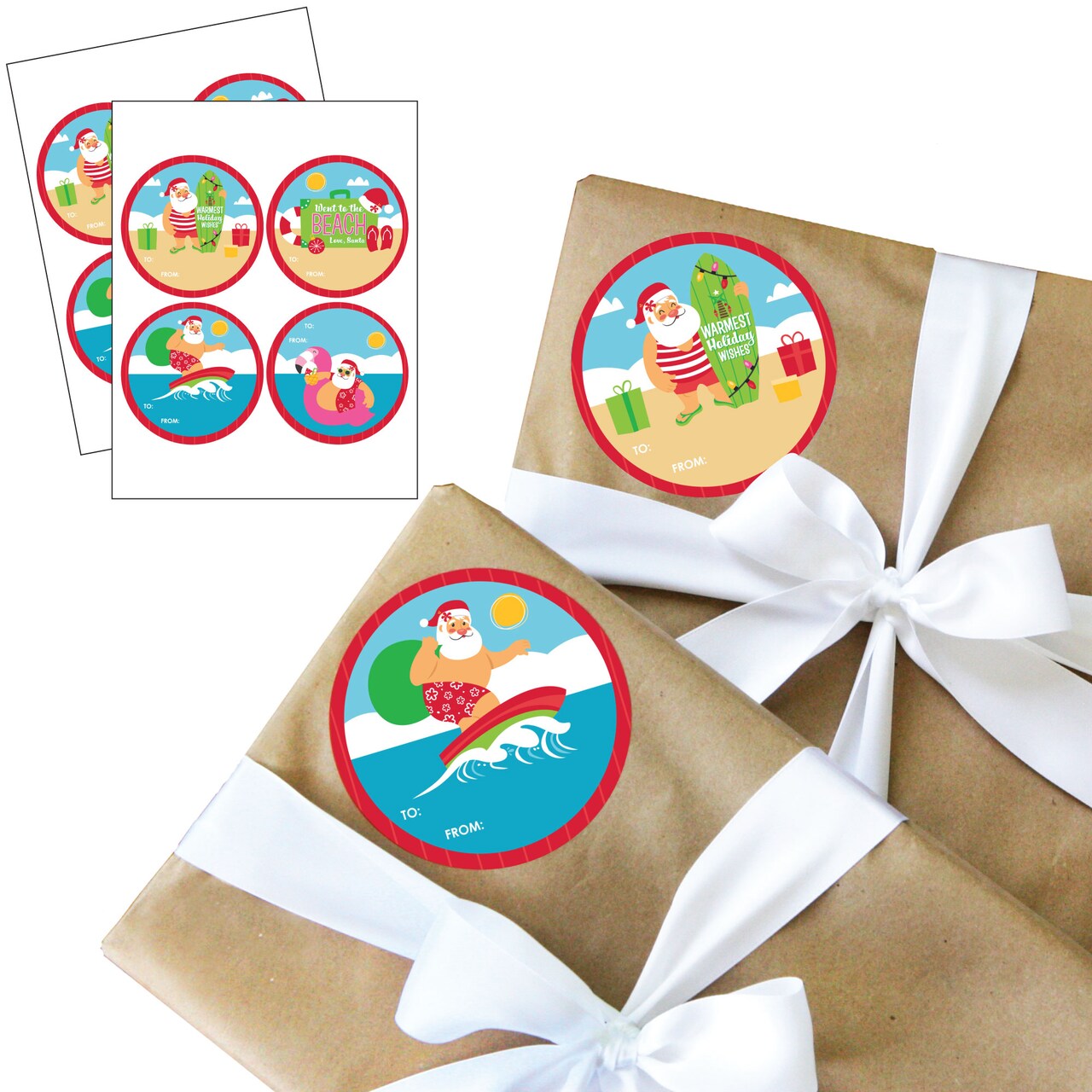 Big Dot of Happiness Tropical Christmas - Round Beach Santa Holiday Party To and From Gift Tags - Large Stickers - Set of 8